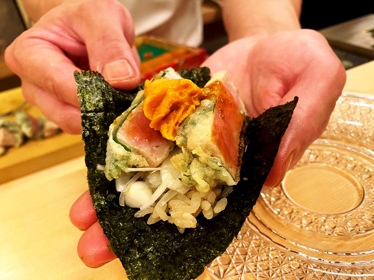 スペシャリテ大トロの天ぷら雲丹乗せ 柚子胡椒ソース