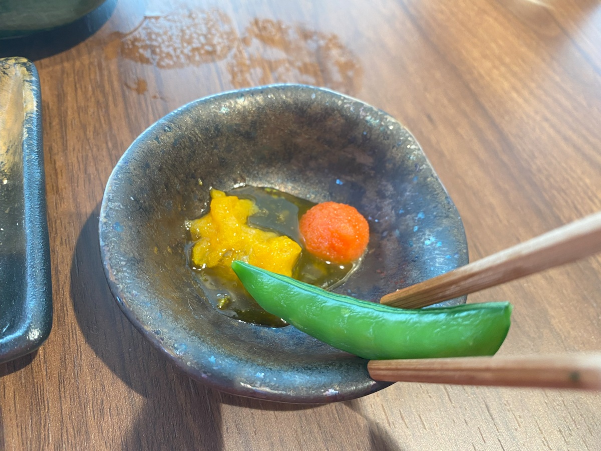 スナップエンドウ塩ゆで 明太黄味酢