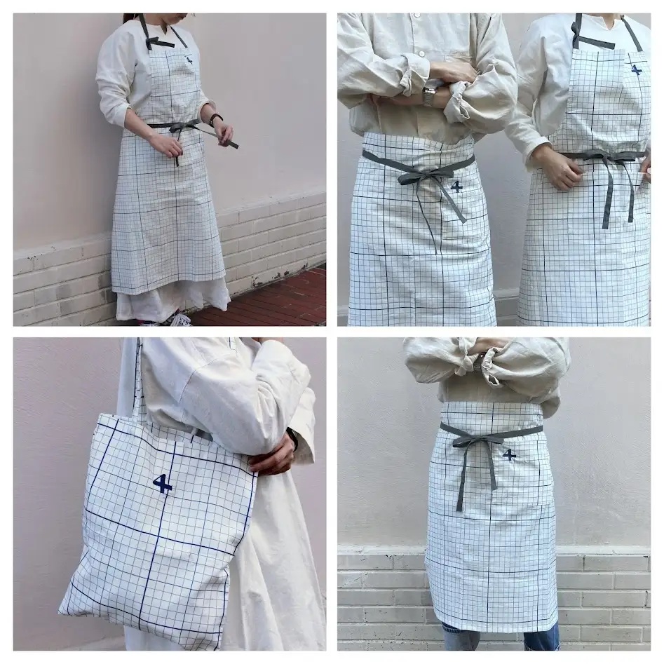 方眼柄のエプロンやバッグも